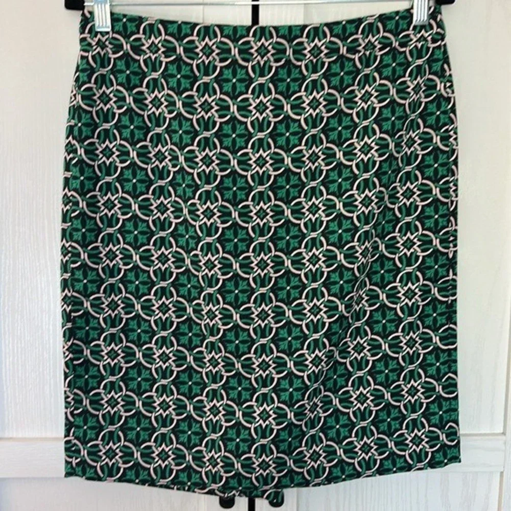 J. Crew Black‎ Label Navy & Green Lattice Medallion Print Pencil Skirt size 6